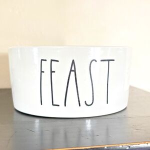 Rae Dunn FEAST dog feeding dish, round white ceramic, black lettering, 6" dia.